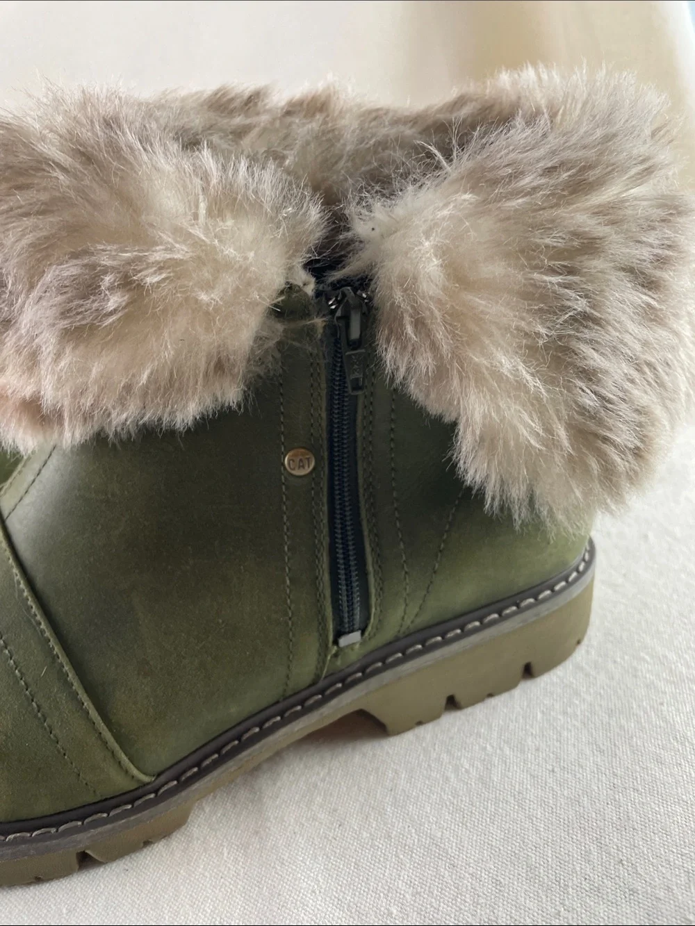 CAT Faux Fur Cuff Ankle Boots - Olive Green Size 11